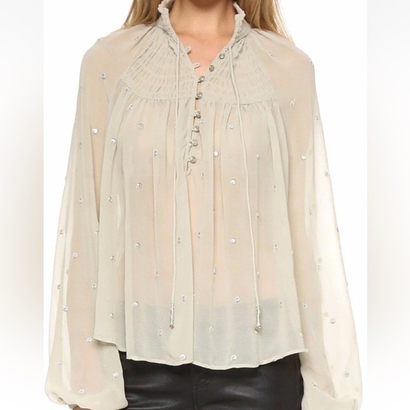 Free People Ready To Run Embellished Smocked Sheer Blouse Grey Mist Boho Chic - Picture 2 of 13